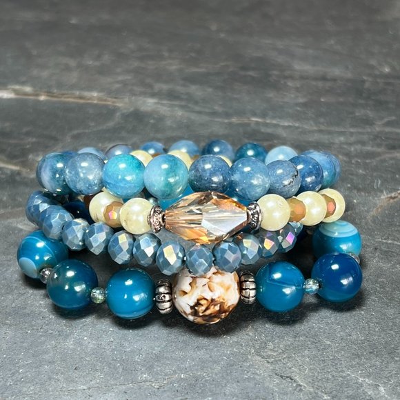 "The Kai" Beaded Bracelet Stack Semi Precious Chunky Agate Jade Shell Pearl New! - Picture 2 of 11